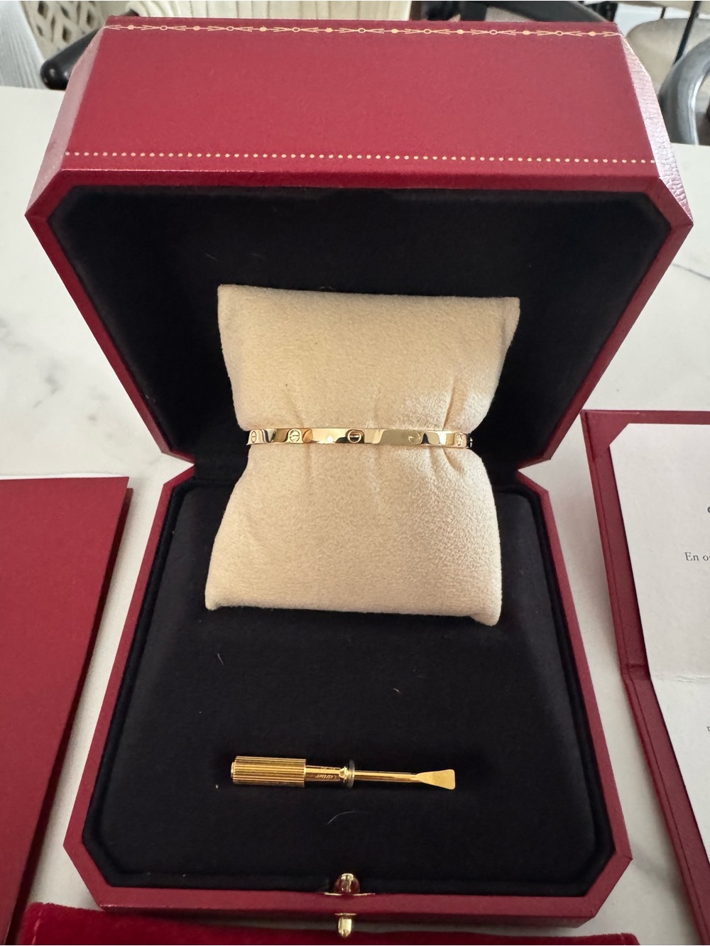 Cartier Gold Bracelet Set with Red Presentation Boxes and Cream Cushion - Picture 3 of 11